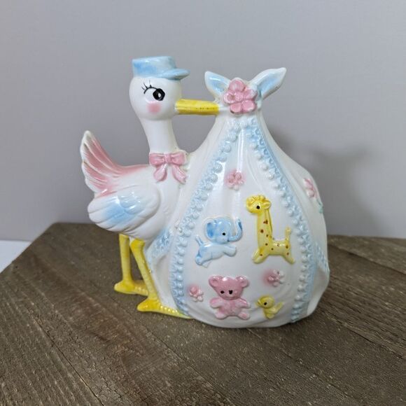 Rubens originals planter, Baby delivery stork ceramic planter, kitsch vintage MC - Picture 3 of 10